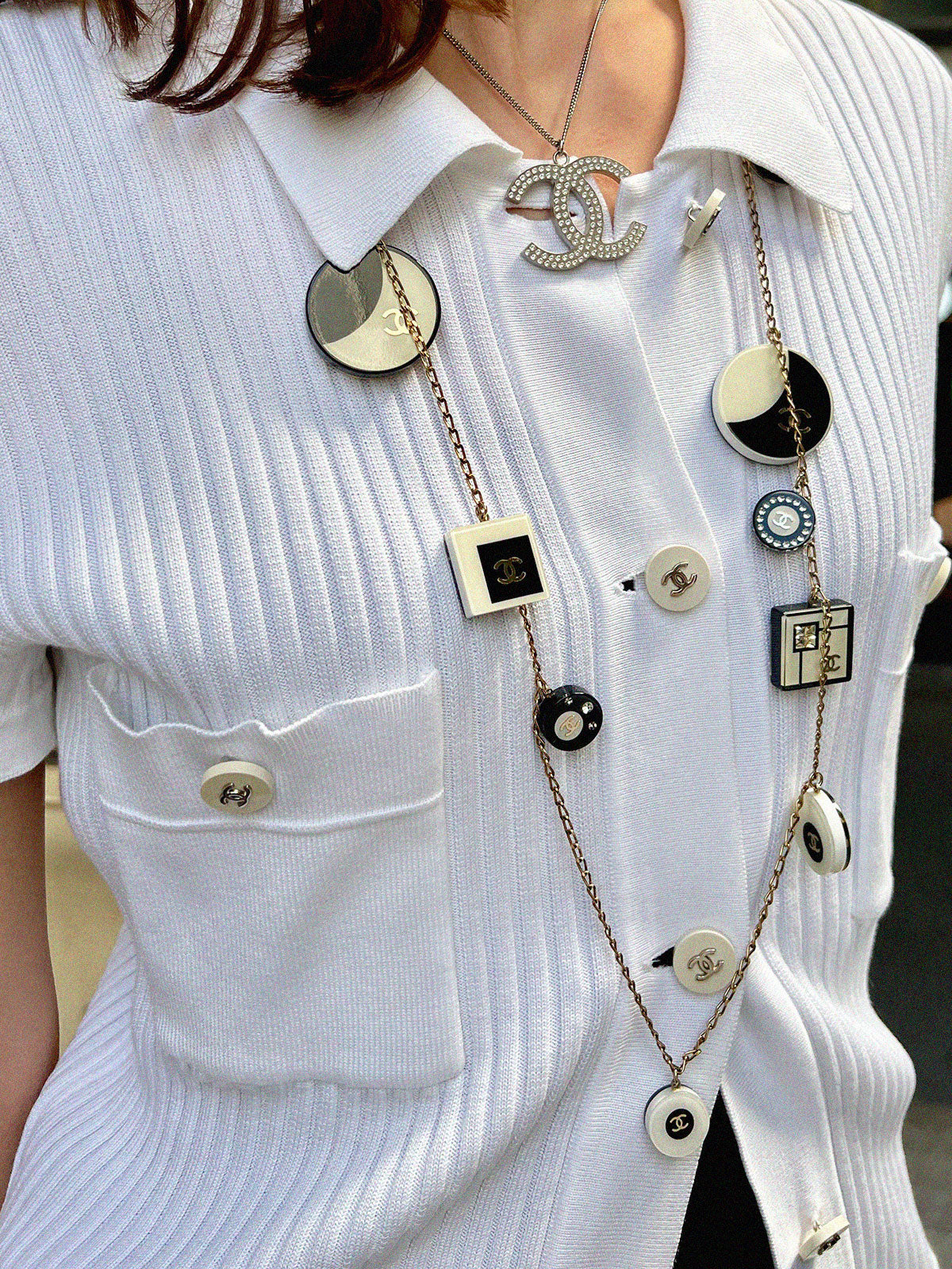 2008 Rhinestone Square Round Motif CC Mark Long Necklace in Gold/White/Black