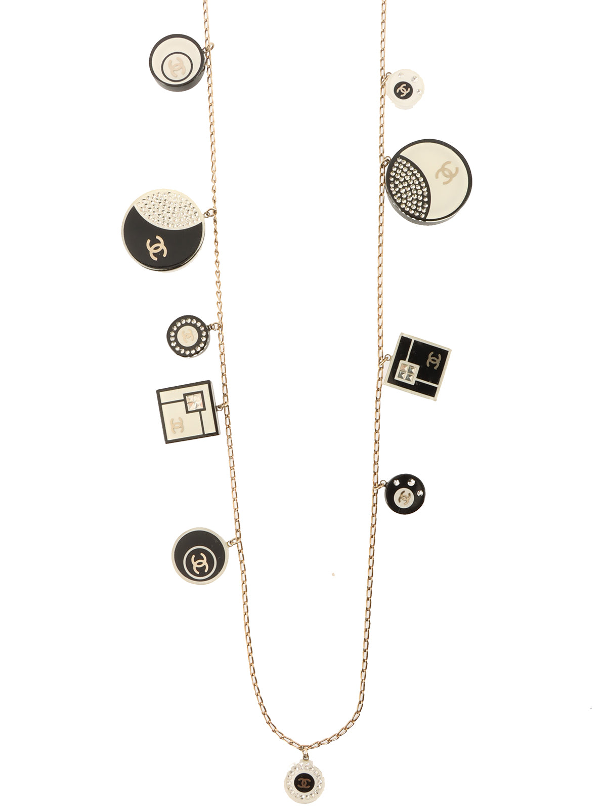 2008 Rhinestone Square Round Motif CC Mark Long Necklace in Gold/White/Black