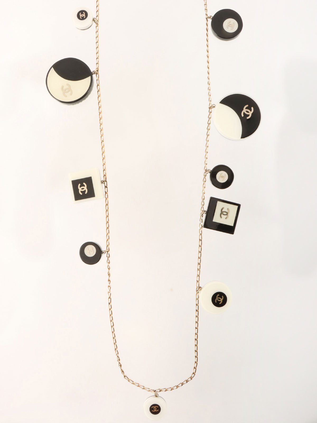 2008 Rhinestone Square Round Motif CC Mark Long Necklace in Gold/White/Black