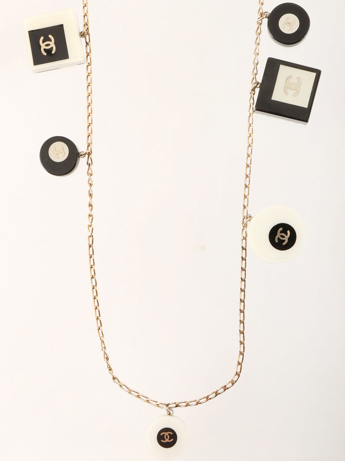 2008 Rhinestone Square Round Motif CC Mark Long Necklace in Gold/White/Black