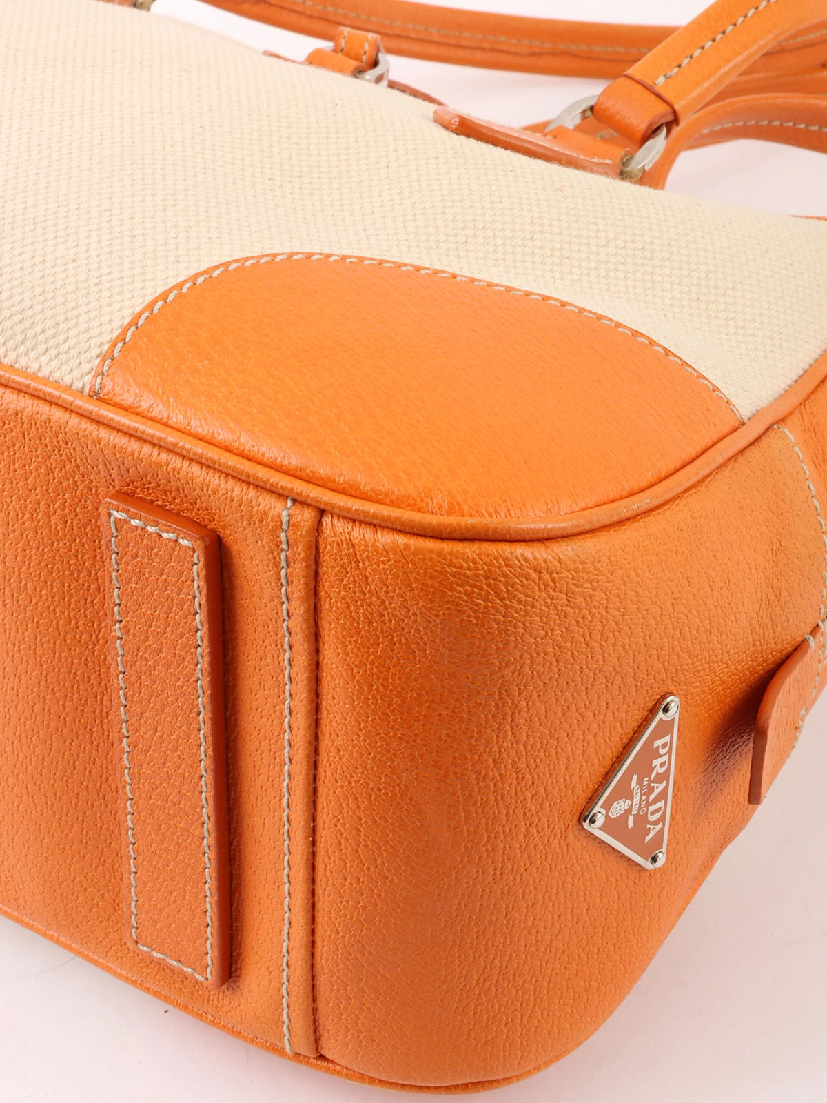 Canvas and leather combination logo plate shoulder bag in beige/orange