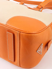 Canvas and leather combination logo plate shoulder bag in beige/orange