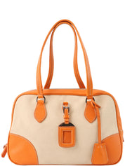 Canvas and leather combination logo plate shoulder bag in beige/orange