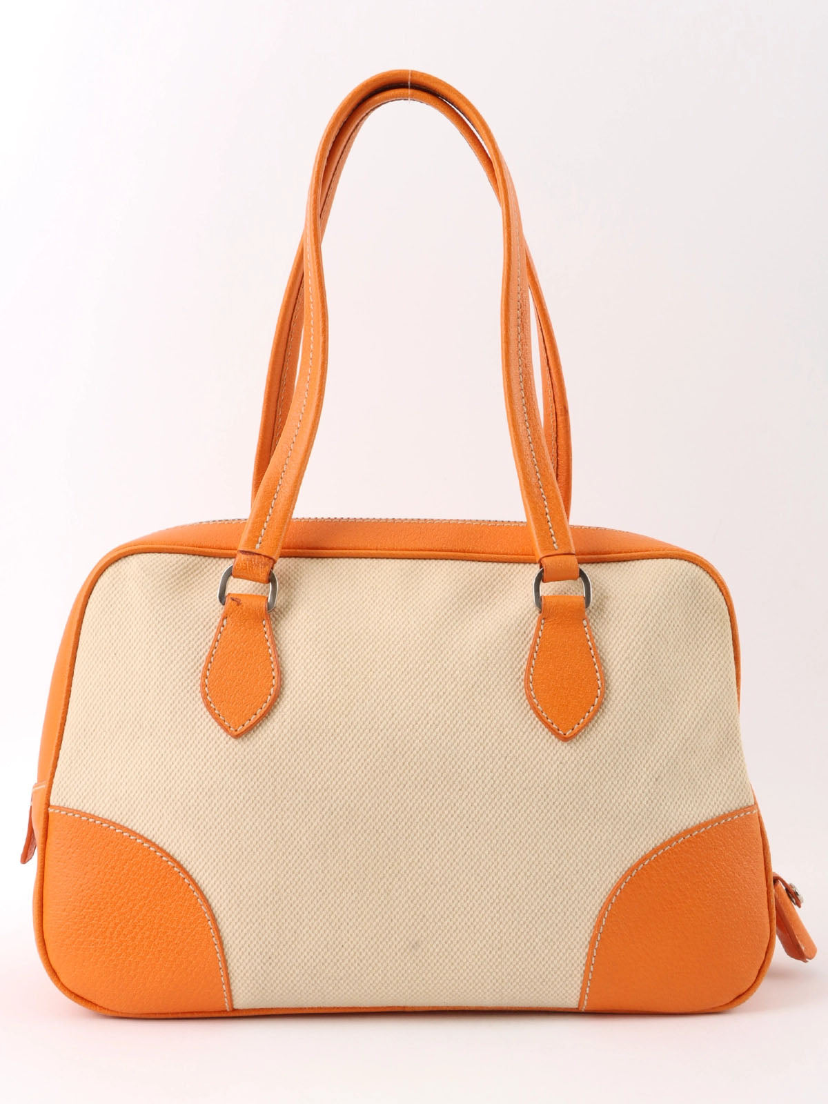Canvas and leather combination logo plate shoulder bag in beige/orange