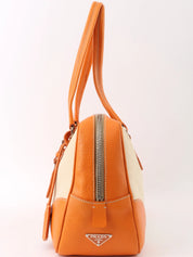 Canvas and leather combination logo plate shoulder bag in beige/orange