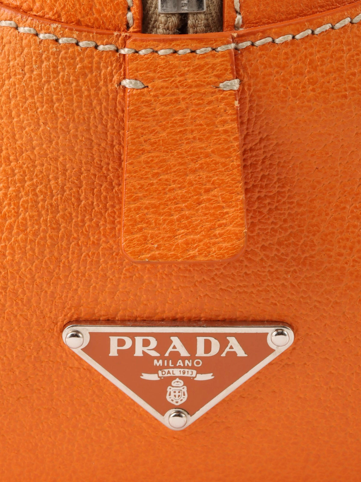 Canvas and leather combination logo plate shoulder bag in beige/orange