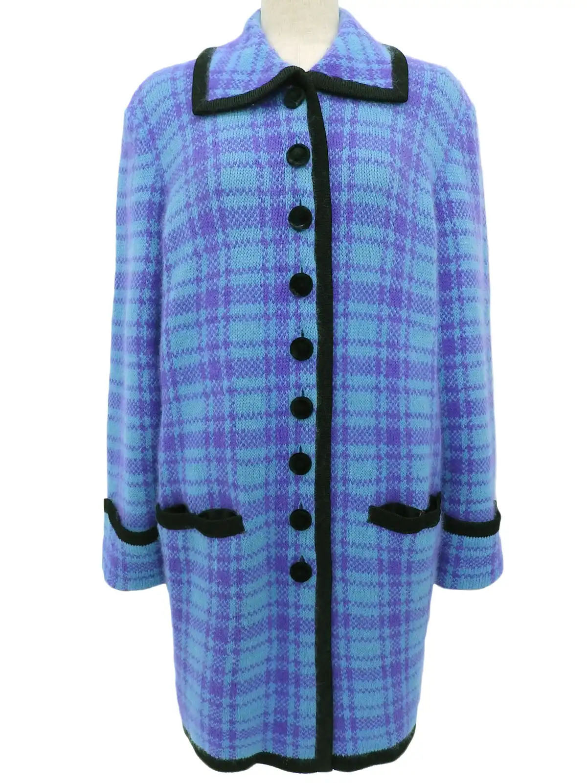 Wool check pattern long knit coat in light blue/purple
