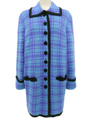 Wool check pattern long knit coat in light blue/purple