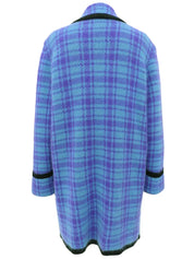 Wool check pattern long knit coat in light blue/purple