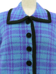 Wool check pattern long knit coat in light blue/purple