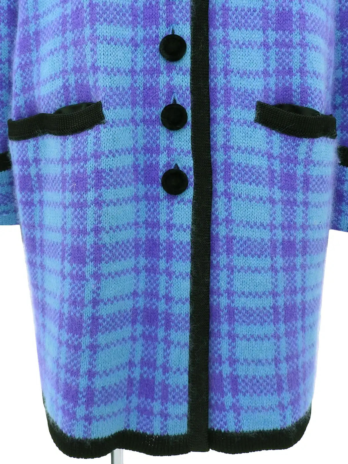 Wool check pattern long knit coat in light blue/purple