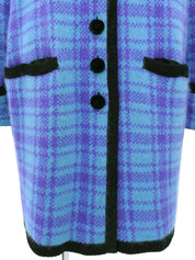 Wool check pattern long knit coat in light blue/purple