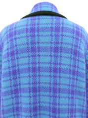 Wool check pattern long knit coat in light blue/purple