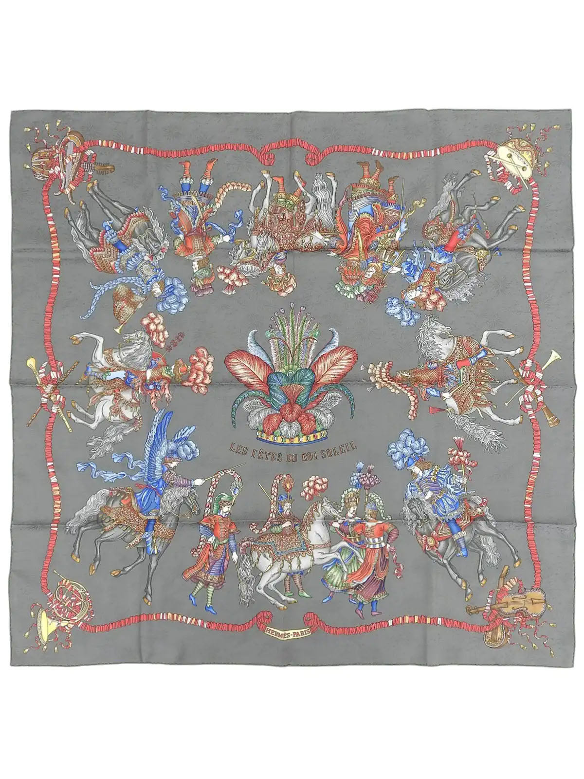 Carré 90 Les Fetes DU ROI Soleil Pattern Scarf Gray/Multi