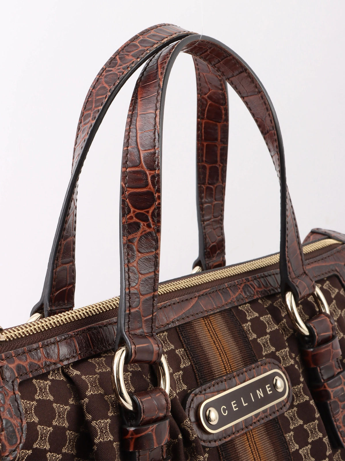 マカダムパターンロゴプレートハンドバッグ　ブラウン