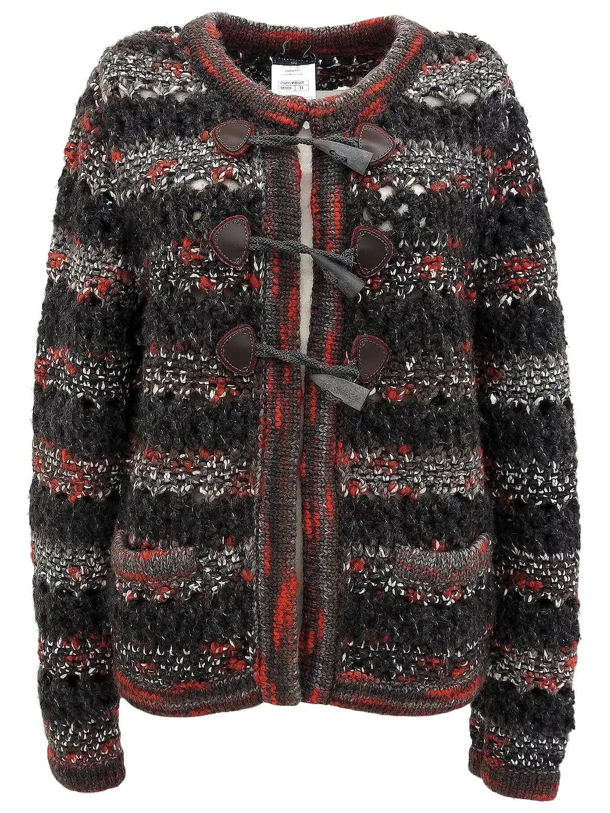 ウールCCマークトグルボタンローゲージニットジャケット グレー/レッド/マルチ