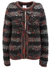 ウールCCマークトグルボタンローゲージニットジャケット グレー/レッド/マルチ