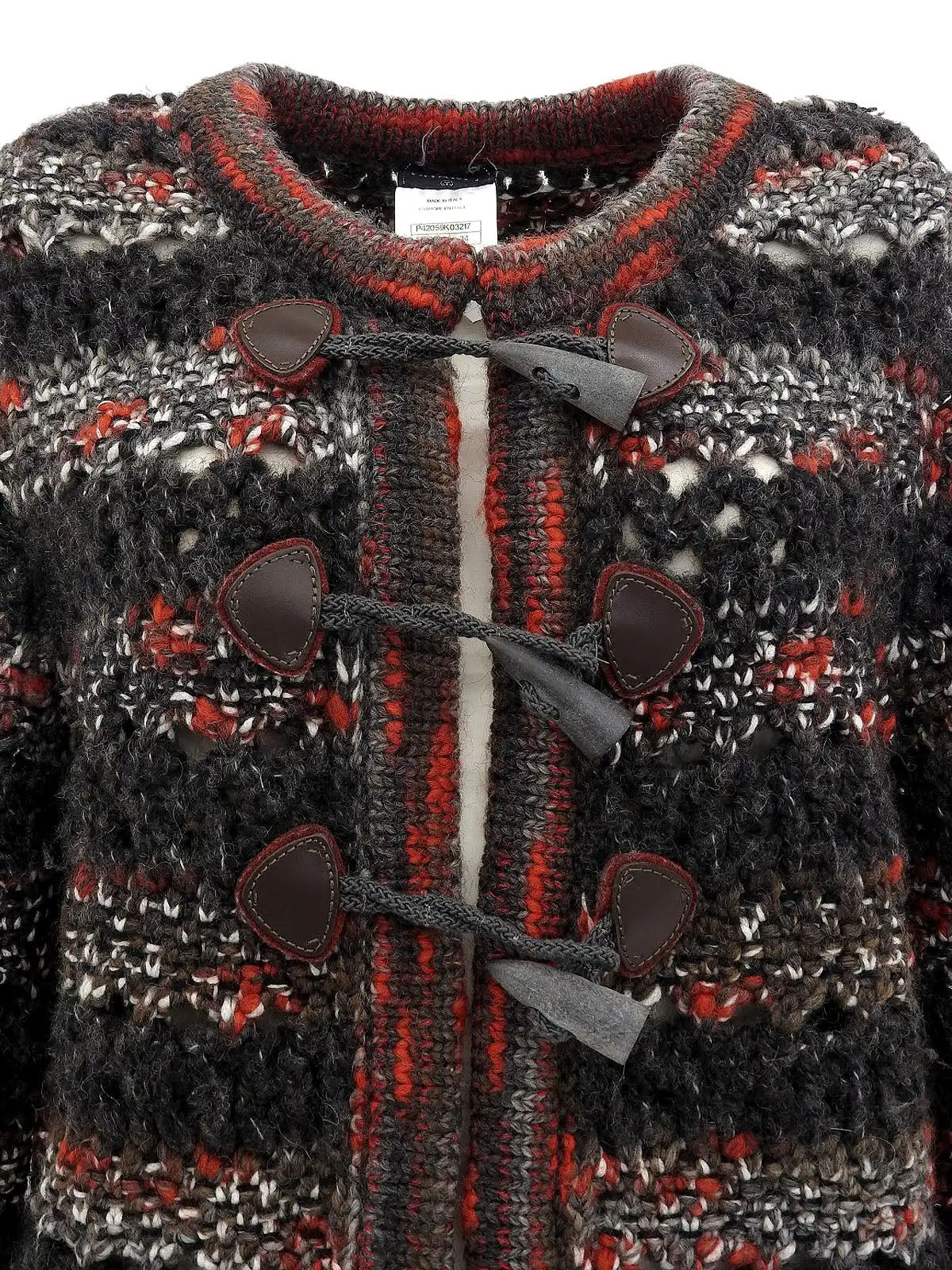 ウールCCマークトグルボタンローゲージニットジャケット グレー/レッド/マルチ