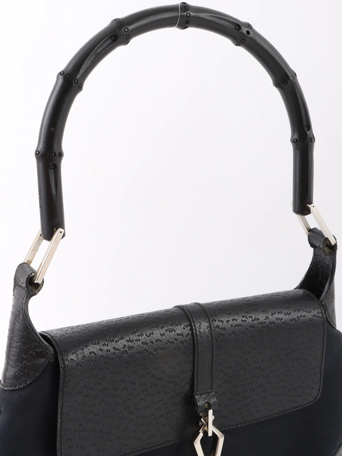 Canvas and leather combination bamboo shoulder bag in black