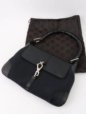 Canvas and leather combination bamboo shoulder bag in black