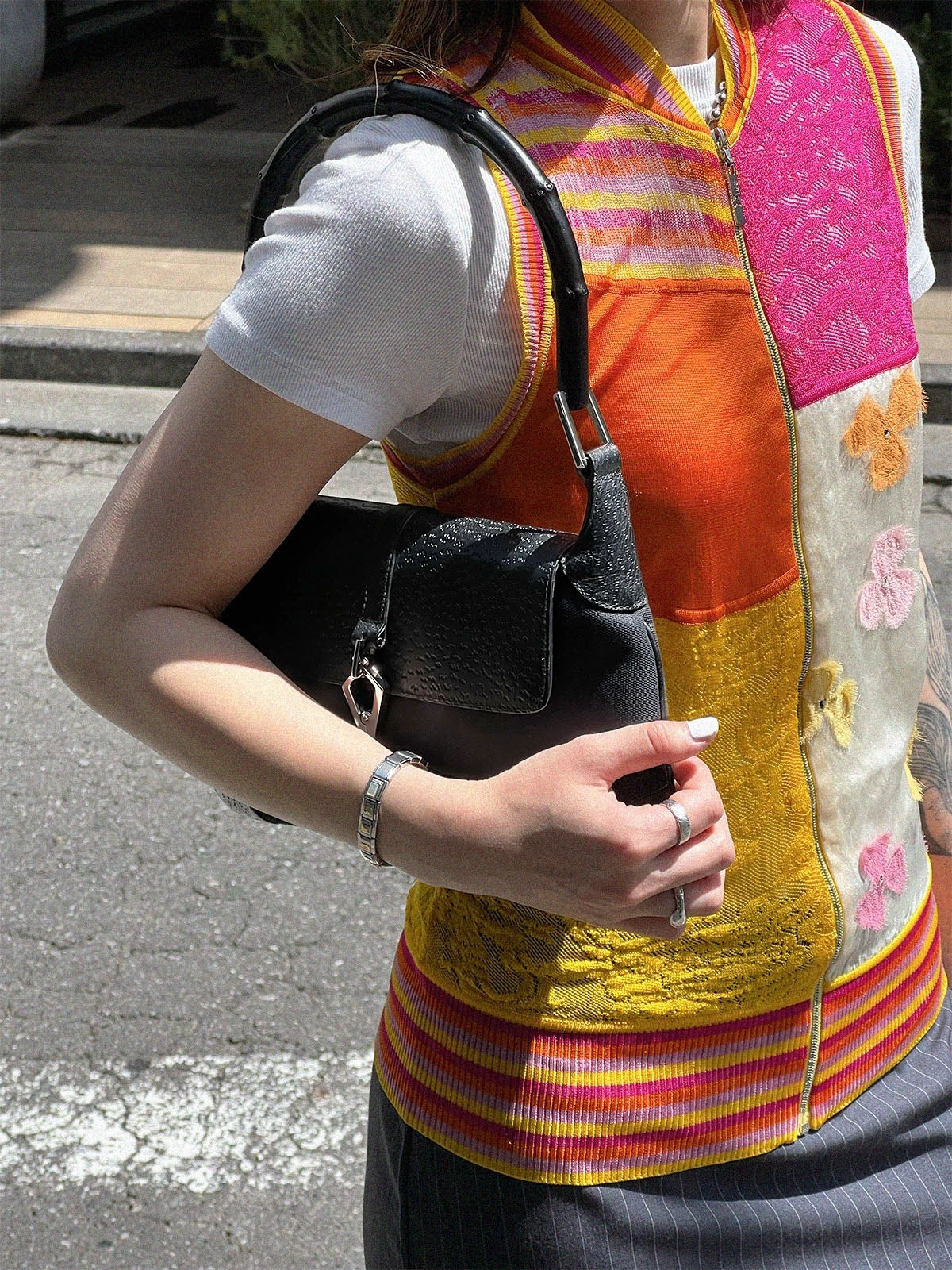 Canvas and leather combination bamboo shoulder bag in black