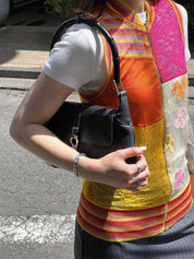 Canvas and leather combination bamboo shoulder bag in black