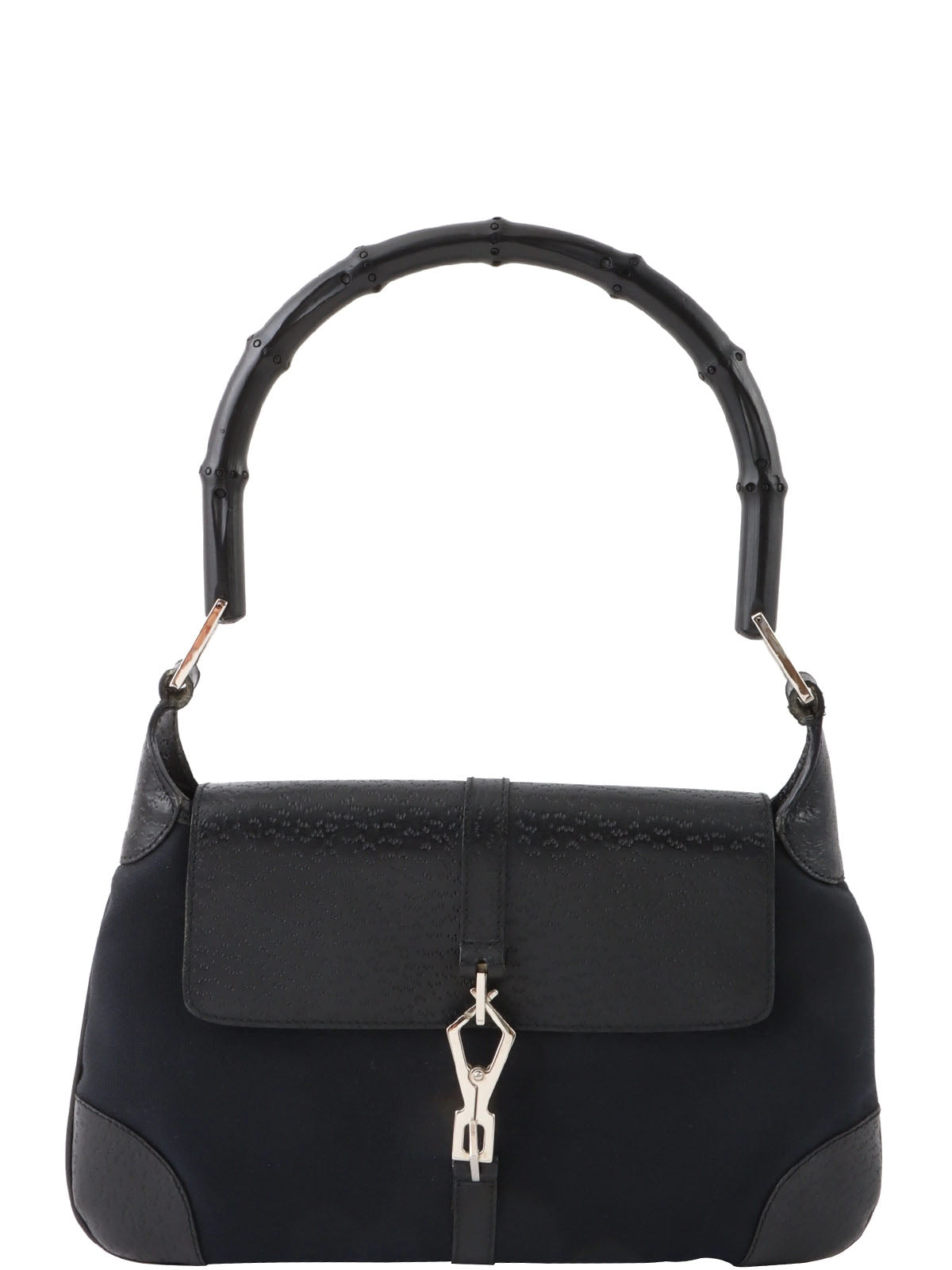 Canvas and leather combination bamboo shoulder bag in black