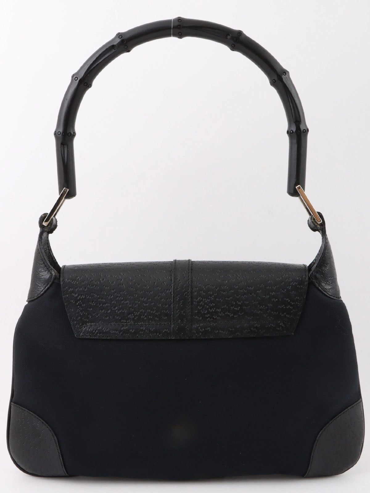 Canvas and leather combination bamboo shoulder bag in black