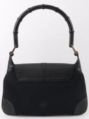 Canvas and leather combination bamboo shoulder bag in black