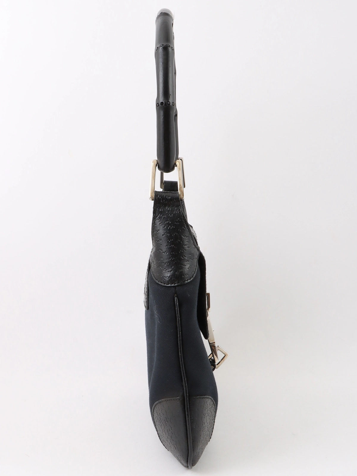 Canvas and leather combination bamboo shoulder bag in black