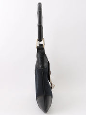 Canvas and leather combination bamboo shoulder bag in black