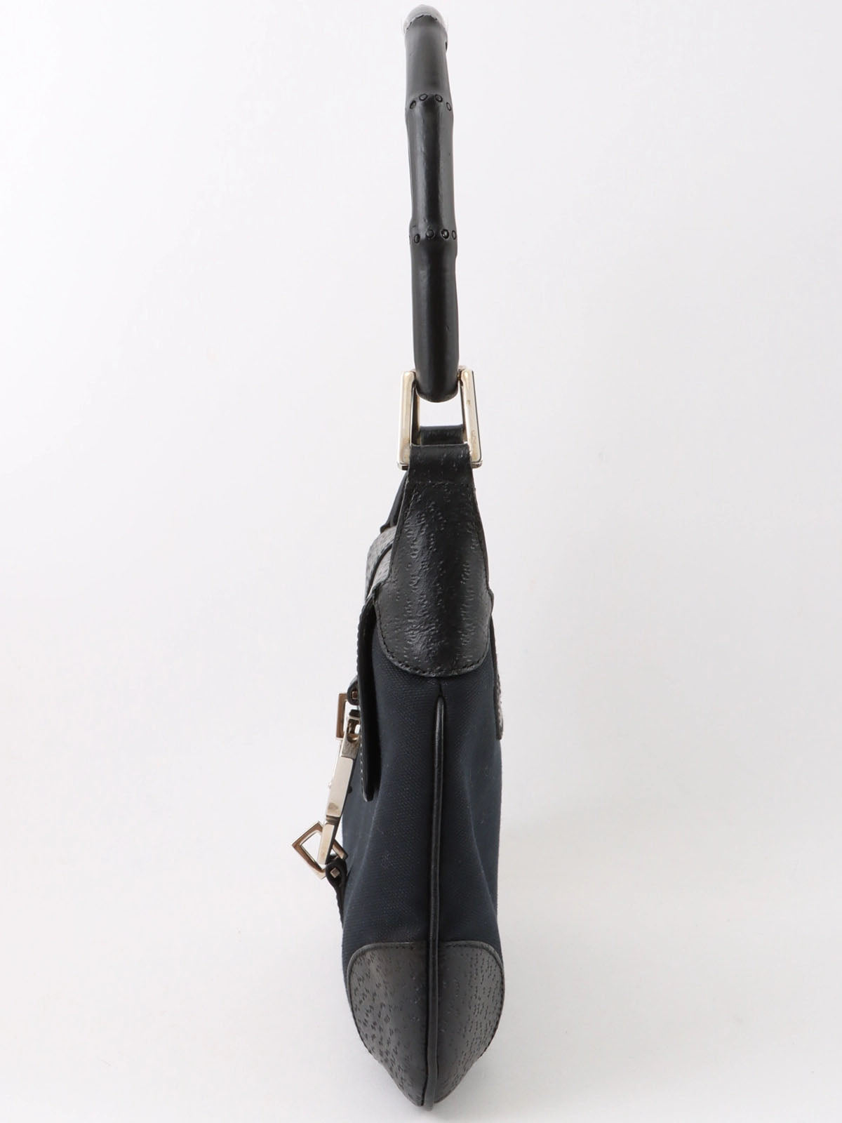 Canvas and leather combination bamboo shoulder bag in black