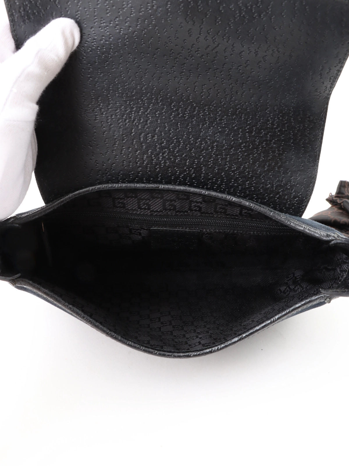 Canvas and leather combination bamboo shoulder bag in black