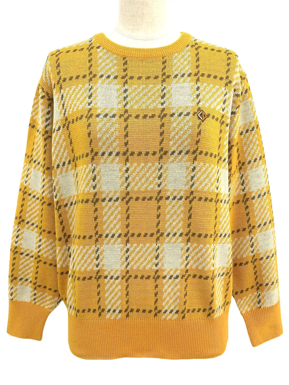 チェックパターンニットトップス イエロー