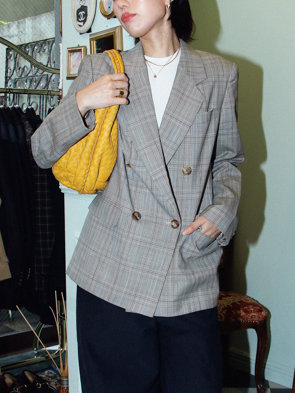 Grey double-breasted wool check pattern jacket