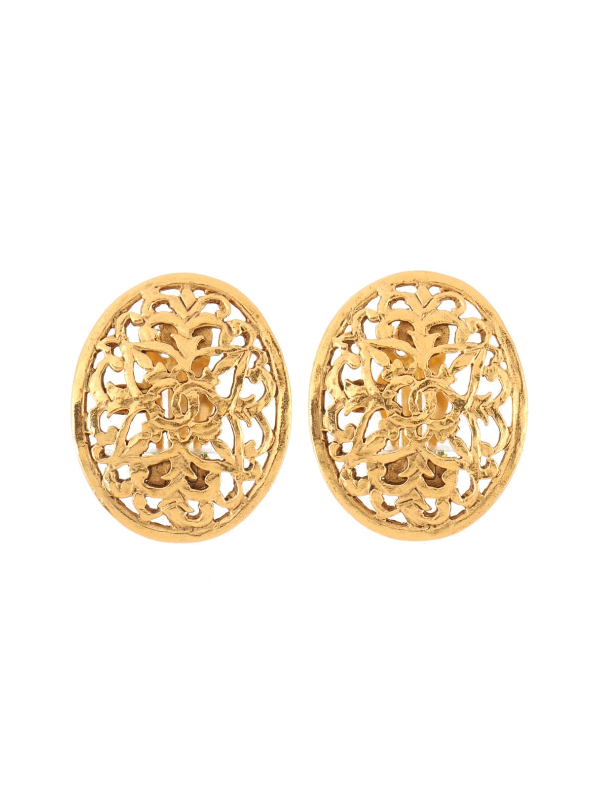 1991 Made Oval Cutout Design CC Mark Earrings Gold