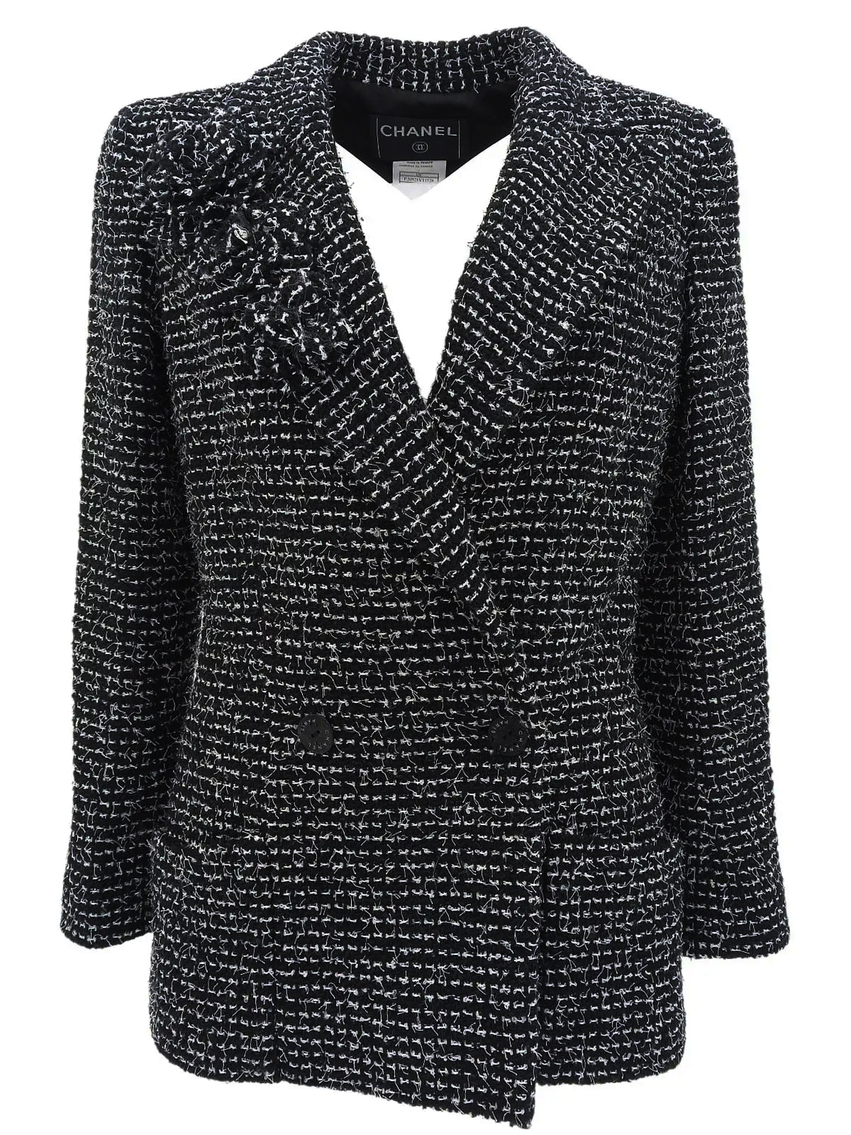 2003 Tweed Logo Button Camellia Corsage Jacket in Black/White