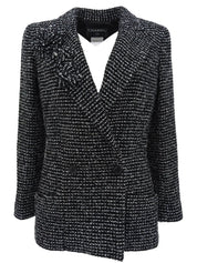 2003 Tweed Logo Button Camellia Corsage Jacket in Black/White