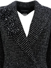 2003 Tweed Logo Button Camellia Corsage Jacket in Black/White