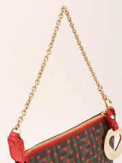 ハートFFズッカパターンチェーンハンドバッグ　ブラウン／レッド