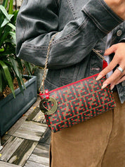 ハートFFズッカパターンチェーンハンドバッグ　ブラウン／レッド