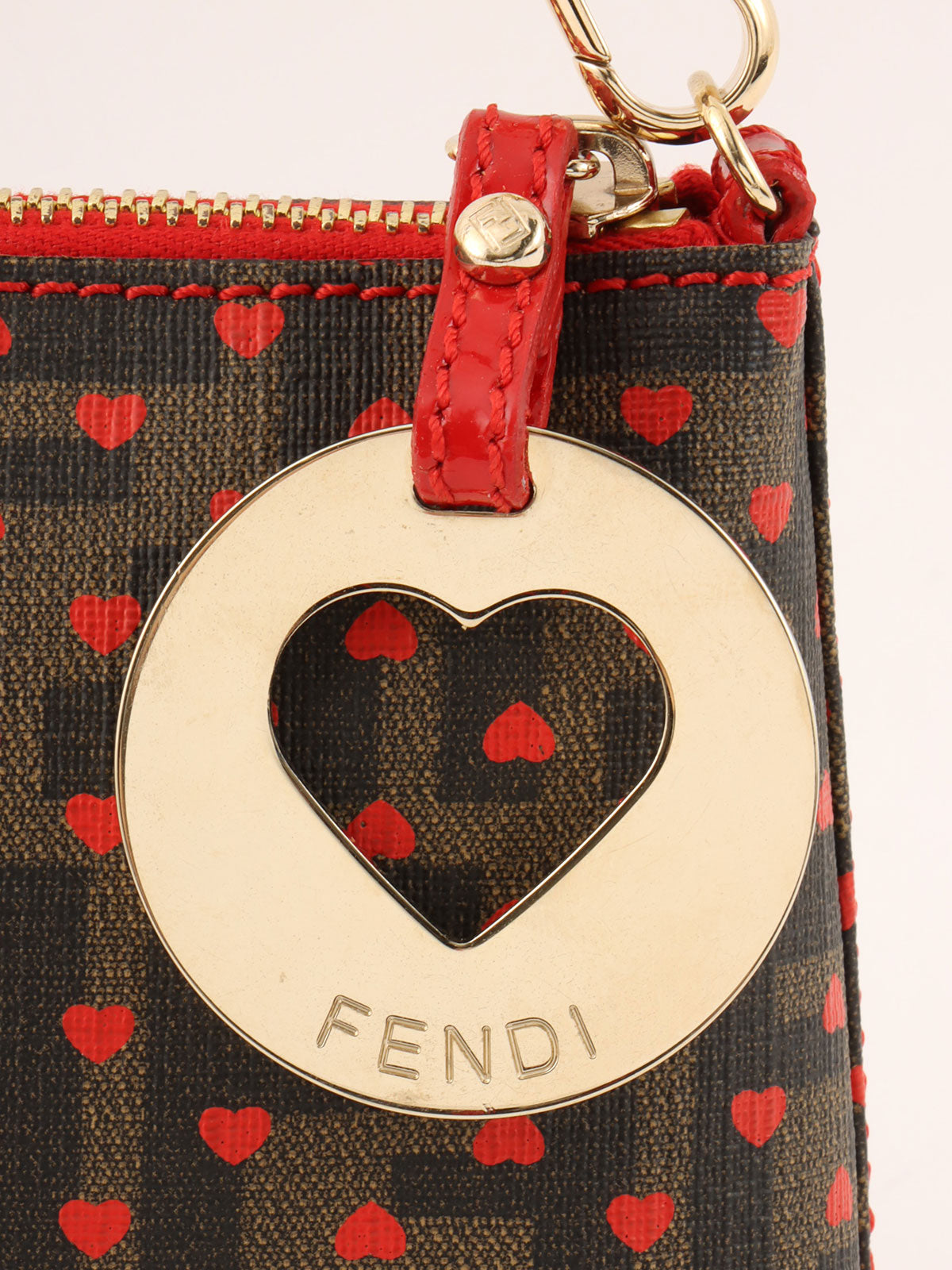 ハートFFズッカパターンチェーンハンドバッグ　ブラウン／レッド