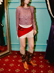 ツイードラインストーンCCマークデザインボタンショートジャケット ボルドー/ホワイト/マルチ