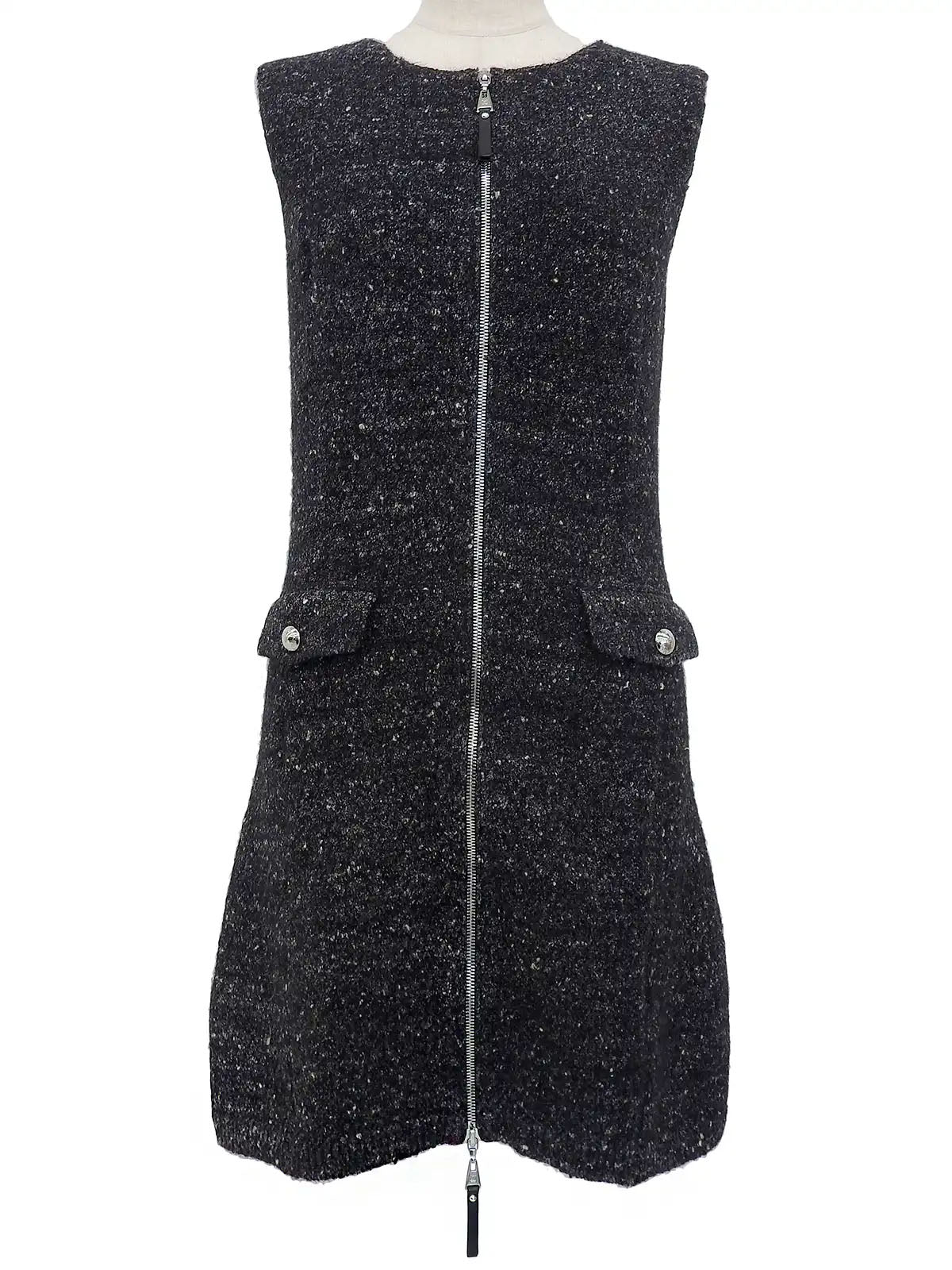 ツイードロゴジップアップノースリーブニットワンピース　ブラック／マルチ