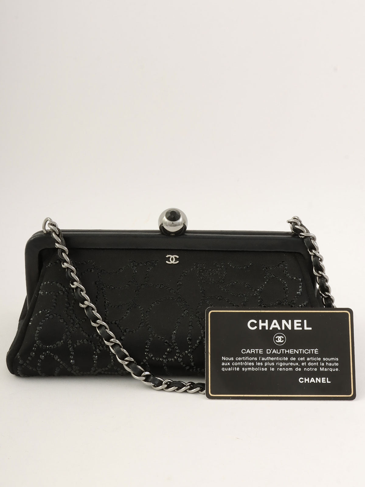 2004年頃製 シルクサテンラインストーンCCマークがま口ミニハンドバッグ ブラック