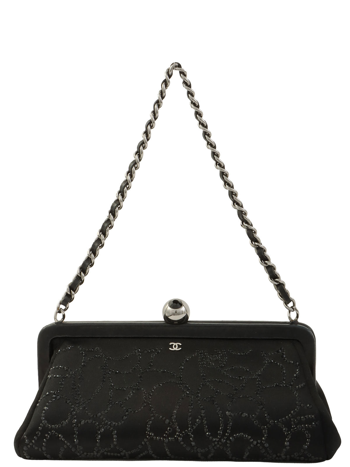 2004年頃製 シルクサテンラインストーンCCマークがま口ミニハンドバッグ ブラック