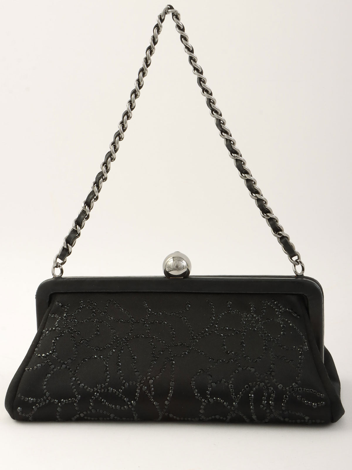 2004年頃製 シルクサテンラインストーンCCマークがま口ミニハンドバッグ ブラック