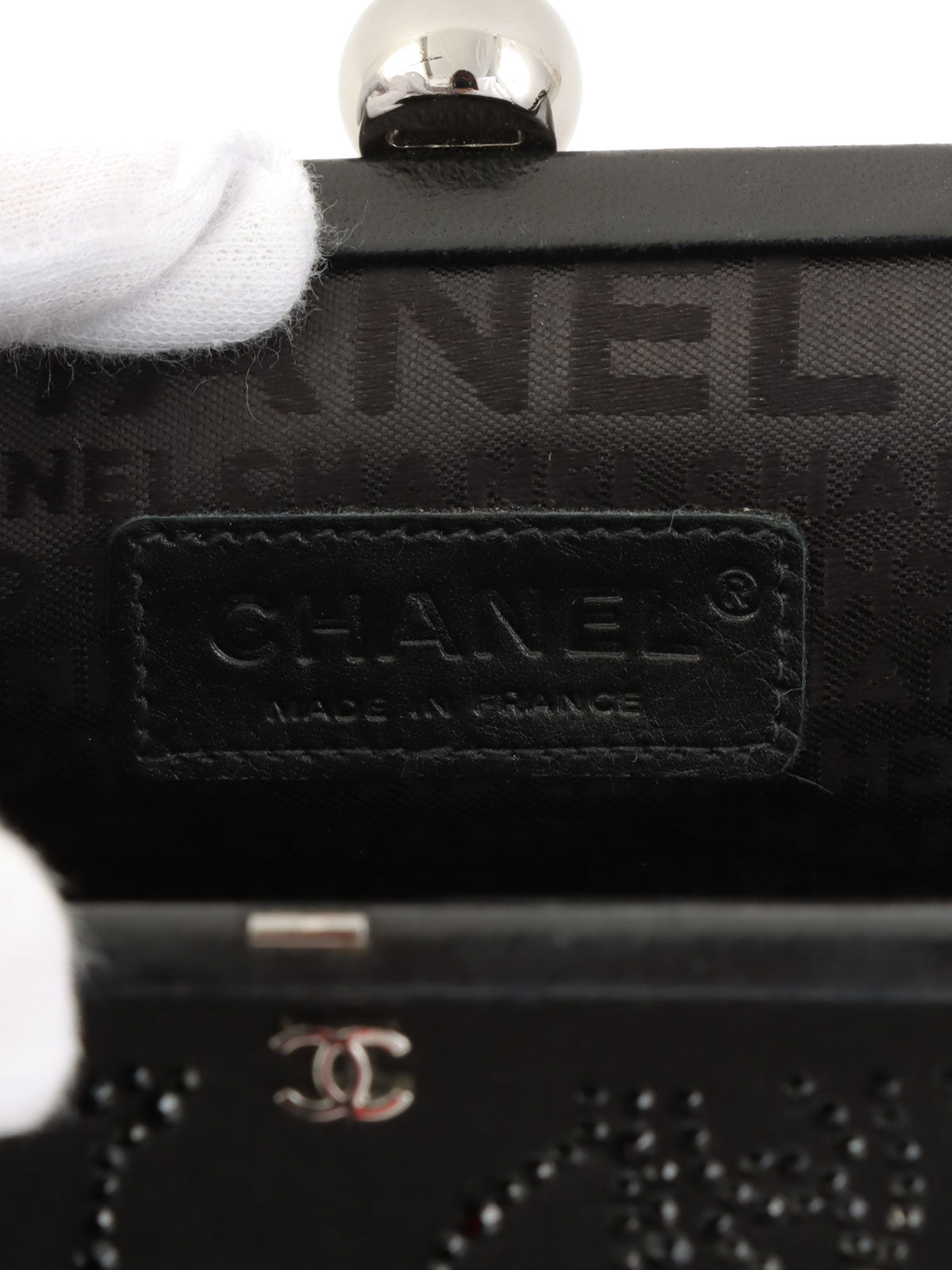 2004年頃製 シルクサテンラインストーンCCマークがま口ミニハンドバッグ ブラック