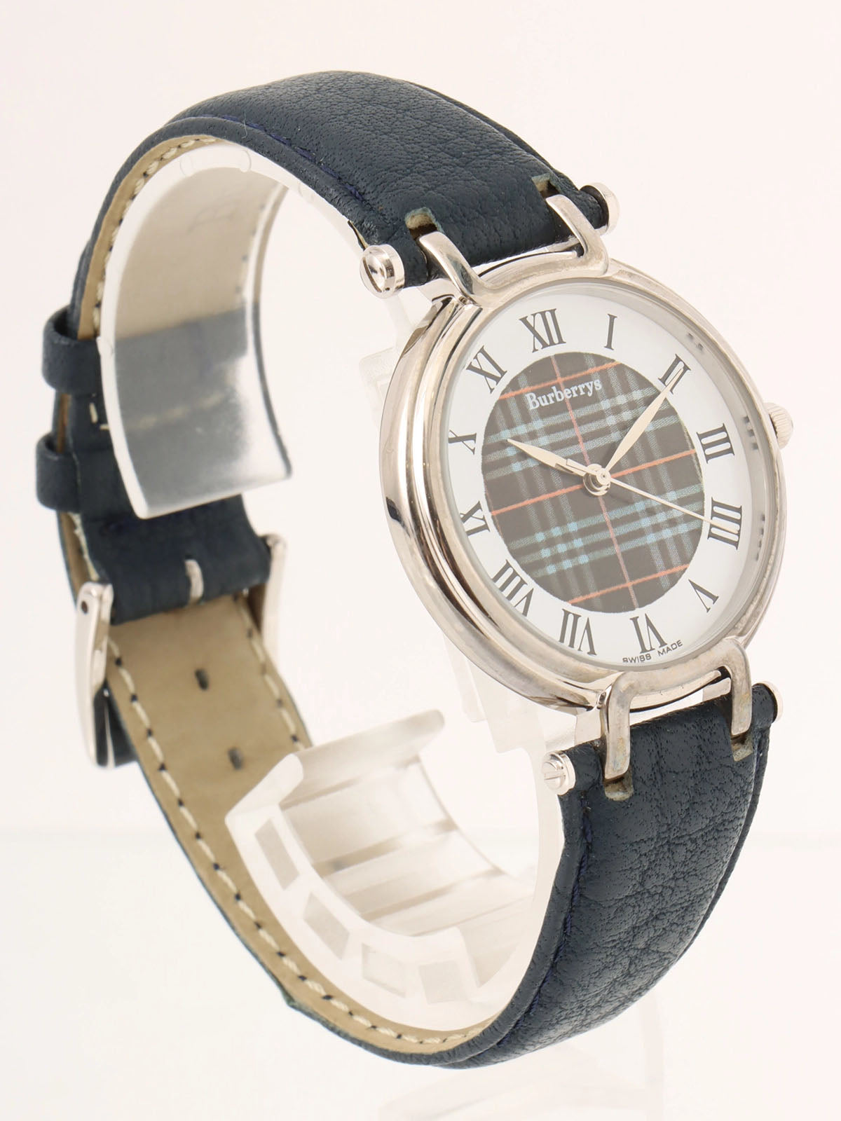 Round Check Pattern Face Watch Silver/Navy