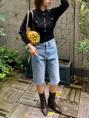 Medusa Button Long Sleeve Knit Top in Black